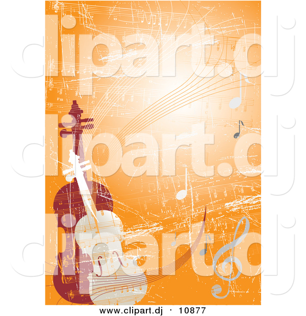 Vector Clipart of a Violin and Viola or Cello Standing Upright on an Orange Grunge Background