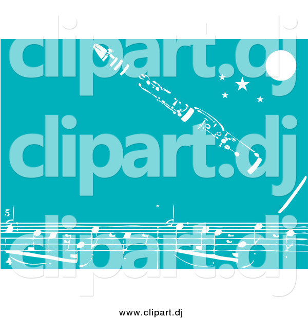 Vector Clipart of a White Clarinet Instrument over Sheet Music with a Moon and Stars over Teal