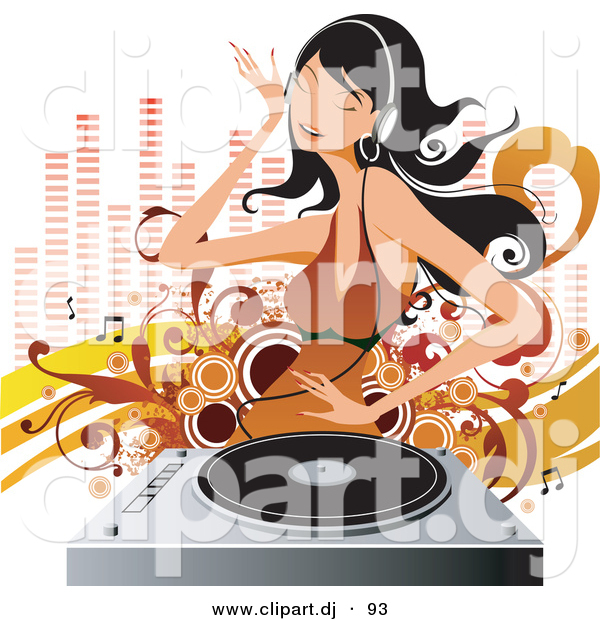 Vector Clipart of a White Girl Dancing While Listening to Music on a Vinyl Record Through Headphones