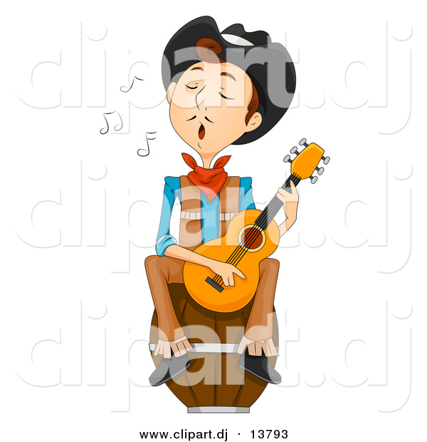 Vector Clipart of a Wild West Cartoon Cowboy Playing a Guitar While Singing