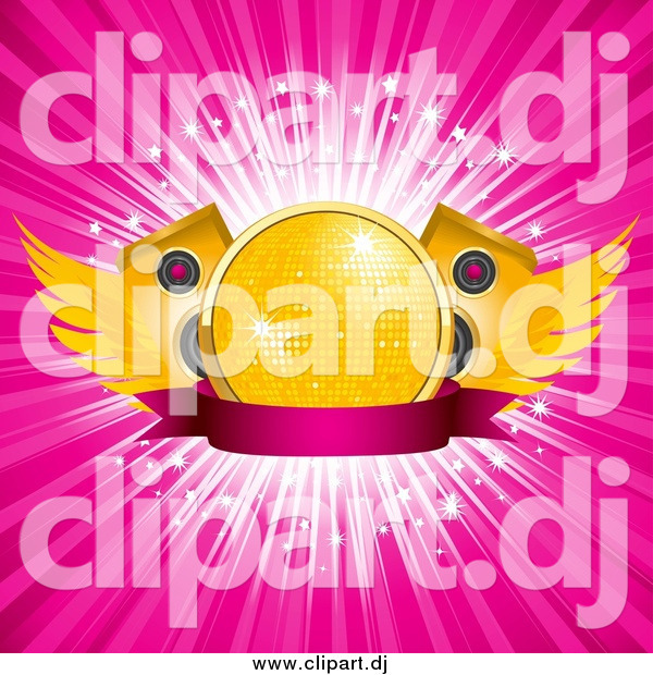 Vector Clipart of a Winged Gold Disco Ball with Speakers over a Blank Banner and a Burst of Rays
