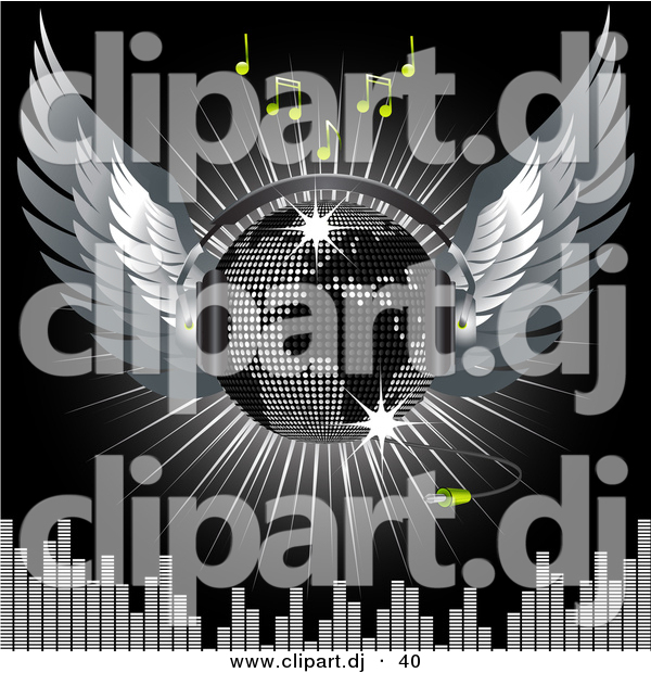 Vector Clipart of a World Map on Winged Silver Disco Ball Above Equalizer Bars on Black Background
