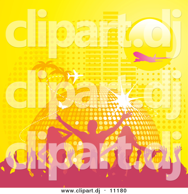Vector Clipart of a Yellow Disco Ball Planet with Palm Trees, Butterflies, a Plane, and Equalizer Bars Under a Yellow Sun
