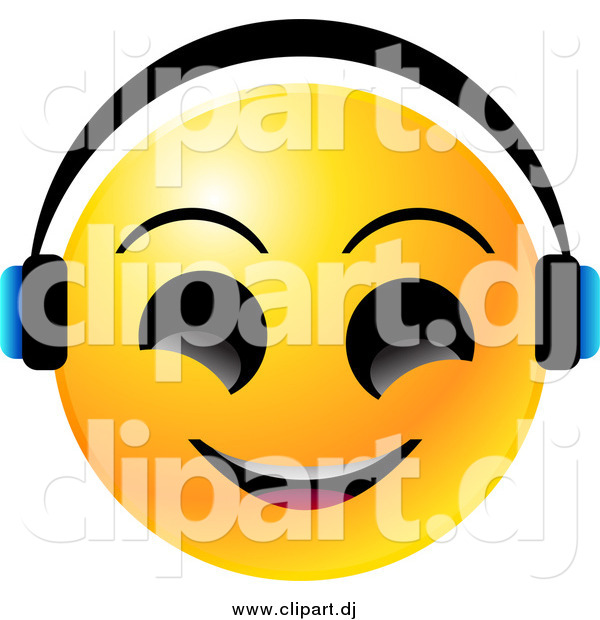 Vector Clipart of a Yellow Emoticon Face Smiling and Wearing Headphones, Listenting to Tunes
