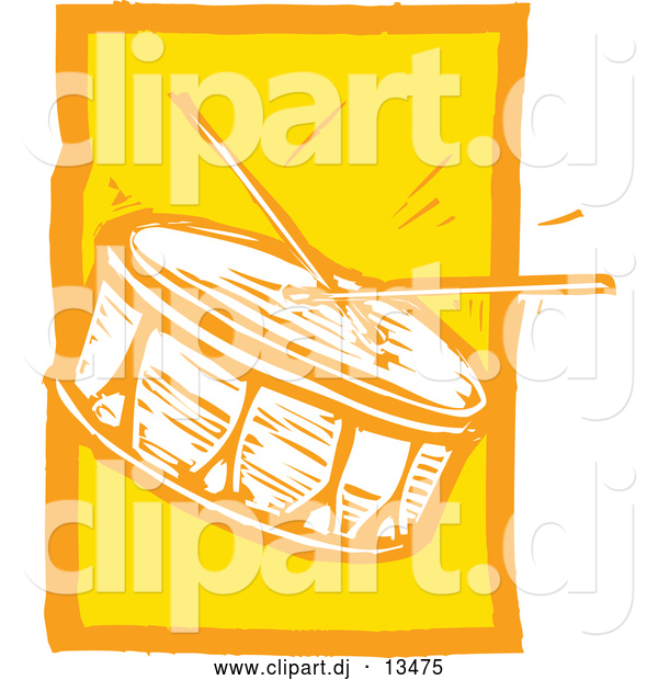 Vector Clipart of a Yellow Woodcut Drum and Sticks