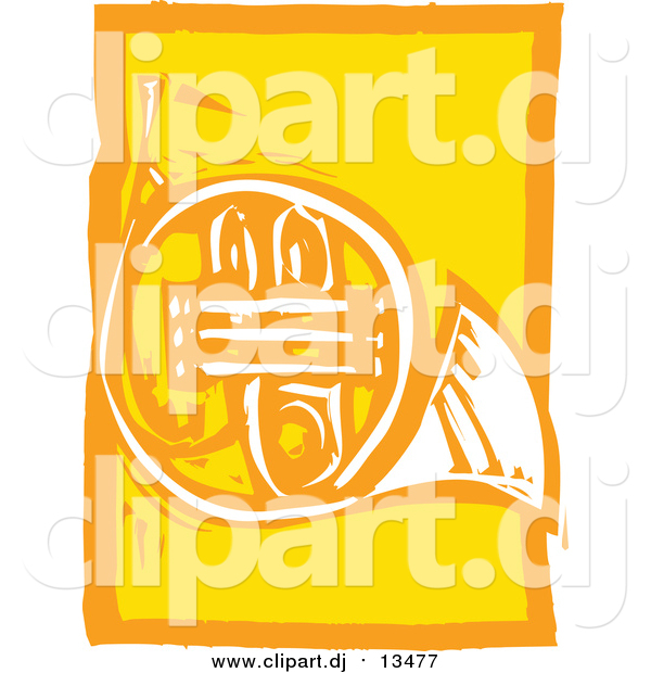 Vector Clipart of a Yellow Woodcut French Horn