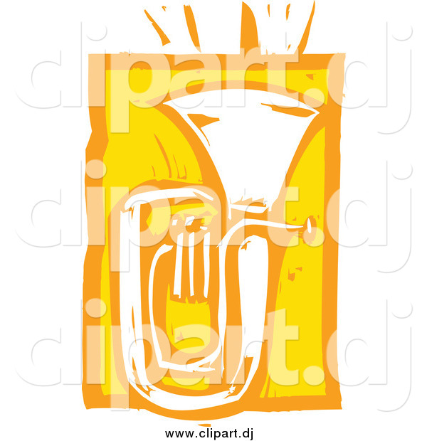 Vector Clipart of a Yellow Woodcut Styled Tuba Instrument