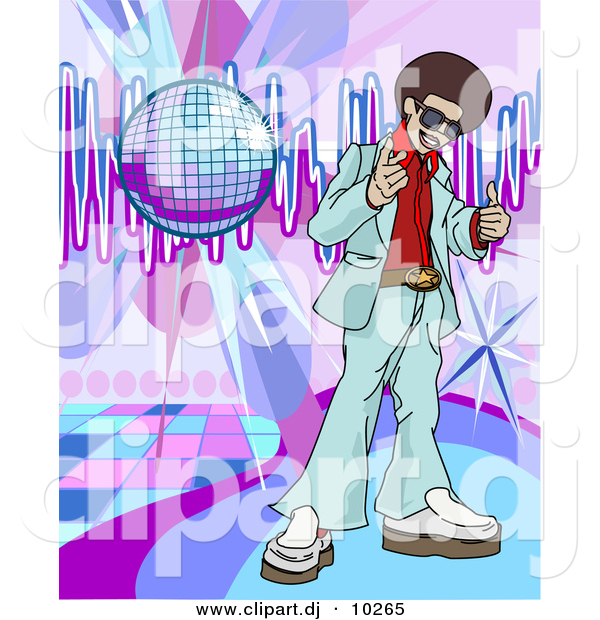 Vector Clipart of a Young Black Man with Afro Standing Beside a Disco Ball on a Dance Floor