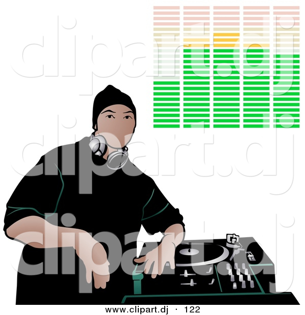 Vector Clipart of a Young DJ Geared up to Party with Single Record Turntable and Adjustable Audio Controls