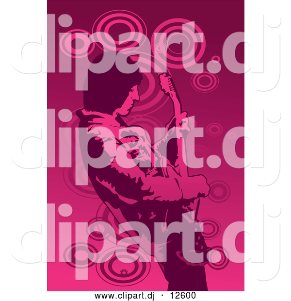 Vector Clipart of a Young Male Guitarist Leaning Back While Playing a Guitar - Pink with Circles Version