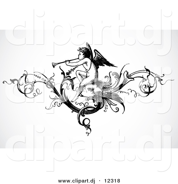 Vector Clipart of an Angel Playing a Trumpet Within a Vine Header Design - Black and White Vintage Art