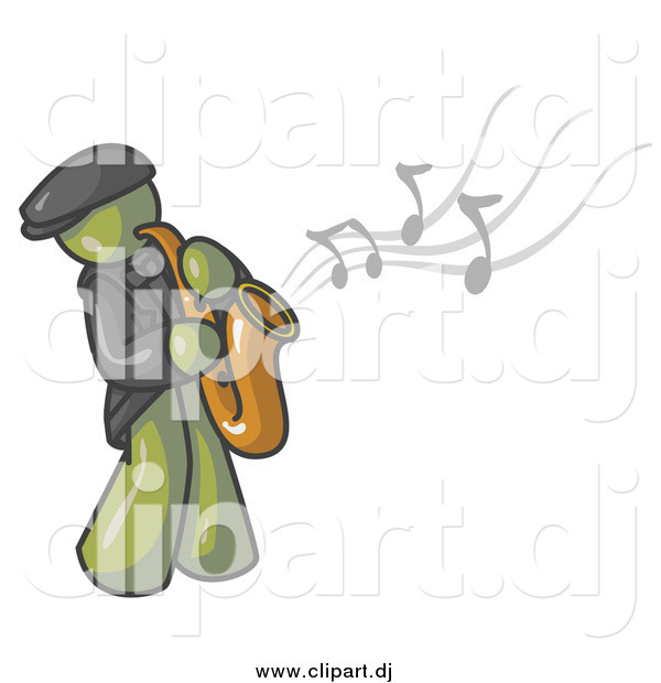 Vector Clipart of an Olive Green Musician Playing Jazz with a Saxophone