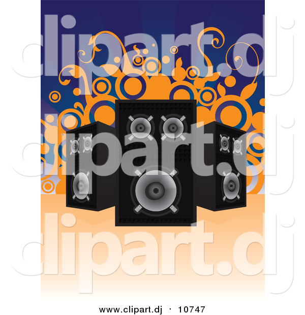 Vector Clipart of Black and Chrome Music Speakers Facing Different Directions over a Blue Background with Orange Vines and Circles