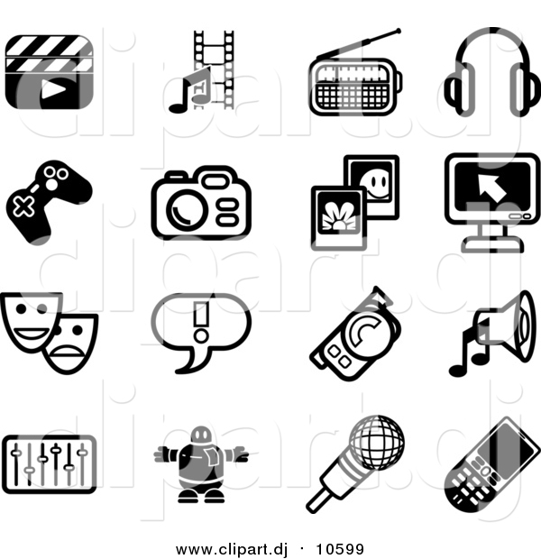 Vector Clipart of Black and White Clapboard, Film Strip, Radio, Headphones, Controller, Camera, Pictures, Computer, Masks, Exclamation Point, Video Camera, Speaker, Equalizer, Robot, Microphone and Cell Phone Icons on a White Background