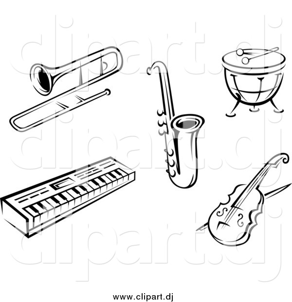 Vector Clipart of Black and White Music Instruments