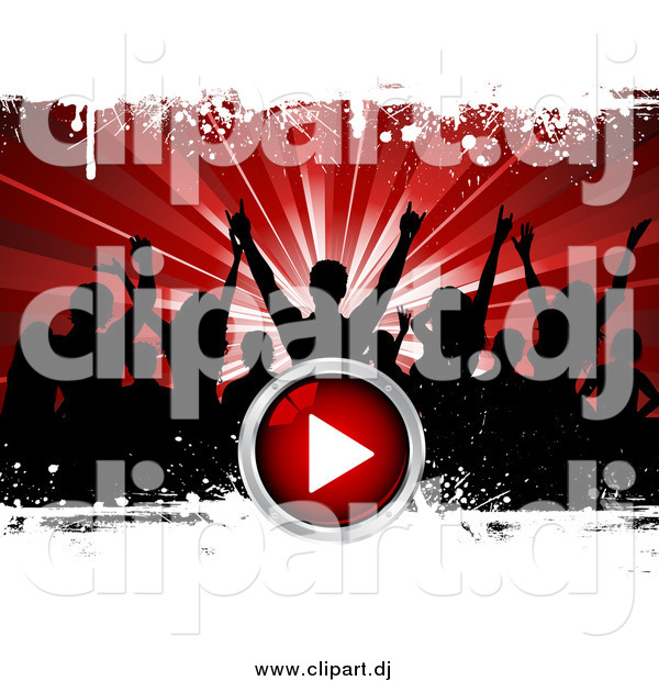Vector Clipart of Black Silhouetted Party People over a Bursting Red Background with White Grunge and a Red Play Button