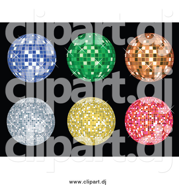 Vector Clipart of Blue, Green, Orange, Yellow and Pink Disco Balls Sparkling over Black