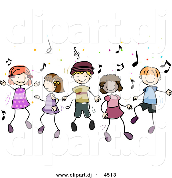 Vector Clipart of Cartoon Doodled Kids Dancing to Music