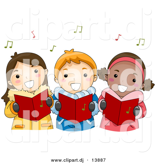 Vector Clipart of Cartoon Kids Singing Christmas Carols