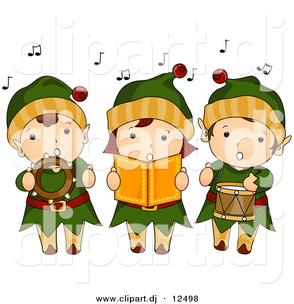 Vector Clipart of Cartoon Kids Singing Christmas Music While Dressed like Elves