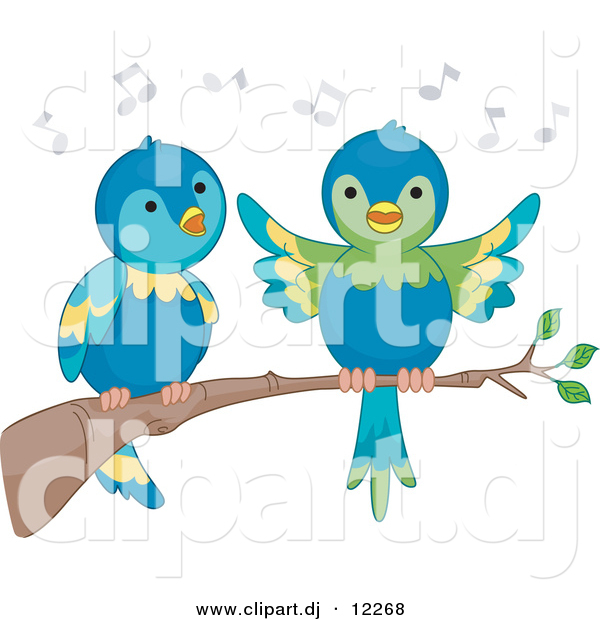 Vector Clipart of Cartoon Parrots Singing on a Tree Branch