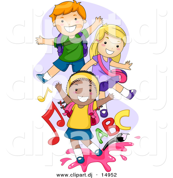 Vector Clipart of Cartoon School Kids Playing to Music and ABC Song