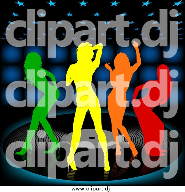 Vector Clipart of Colorful Silhouetted Women Dancing on a Vinyl Record over a Black Background with Blue Lights