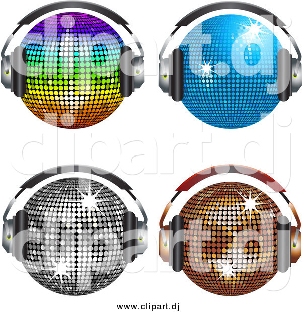 Vector Clipart of Four Shiny Disco Balls Wearing Headphones