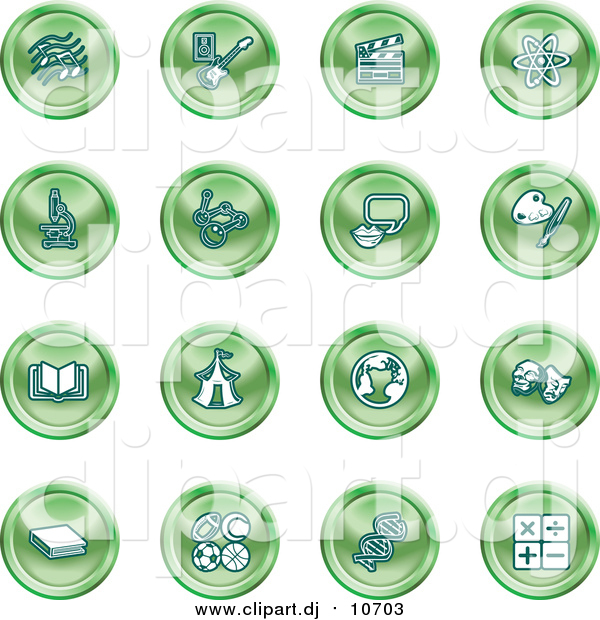 Vector Clipart of Green Icons of Music Notes, Guitar, Clapperboard, Atom, Microscope, Atoms, Messenger, Painting, Book, Circus Tent, Globe, Masks, Sports Balls, and Math
