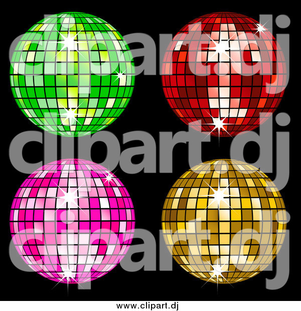 Vector Clipart of Green, Red, Pink and Yellow Disco Balls on Black