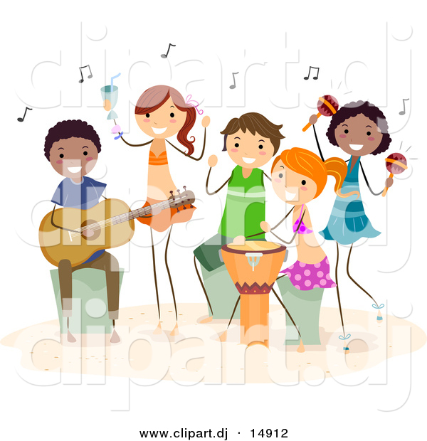Vector Clipart of Happy Cartoon Beach Kids Playing Music