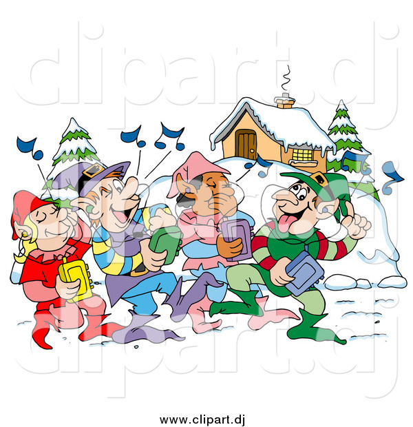 Vector Clipart of Happy Elves Walking Through a Winter Village and Listening to Christmas Music on CD Players