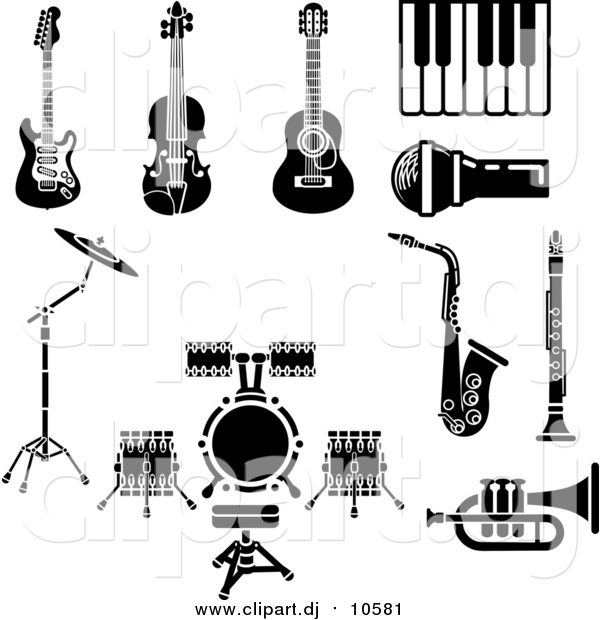 Vector Clipart of Musical Instruments and Items Including an Electric Guitar, Violin, Acoustic Guitar, Piano or Keyboard, Microphone, Saxophone, Clarinet, Drum Set and Trumpet