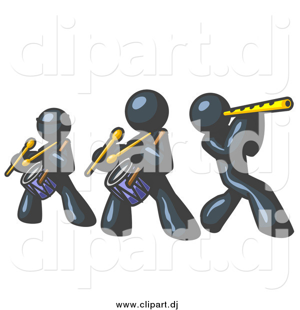 Vector Clipart of Navy Blue Men Playing Flutes and Drums in a Band