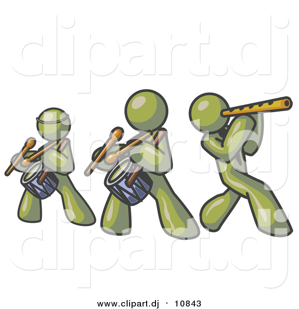 Vector Clipart of Olive Green Men Playing Flutes and Drums at a Music Concert