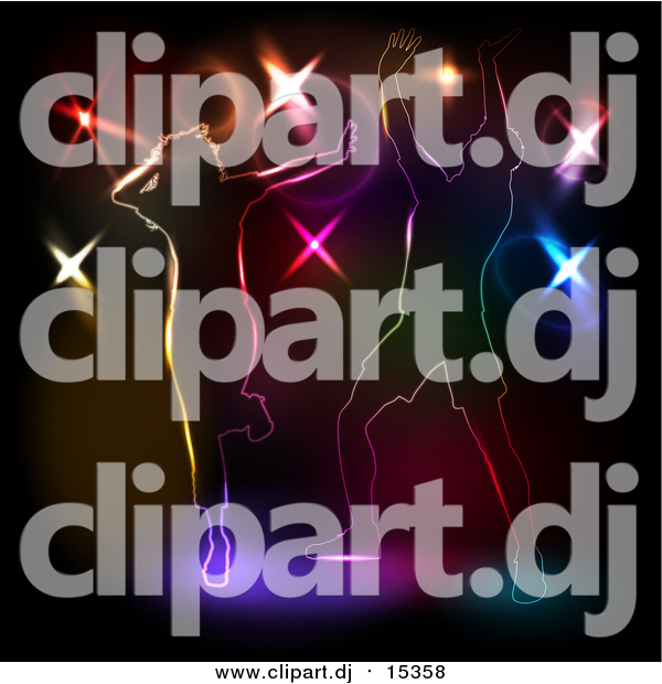Vector Clipart of People Dancing Against Colorful Disco Lights on Black