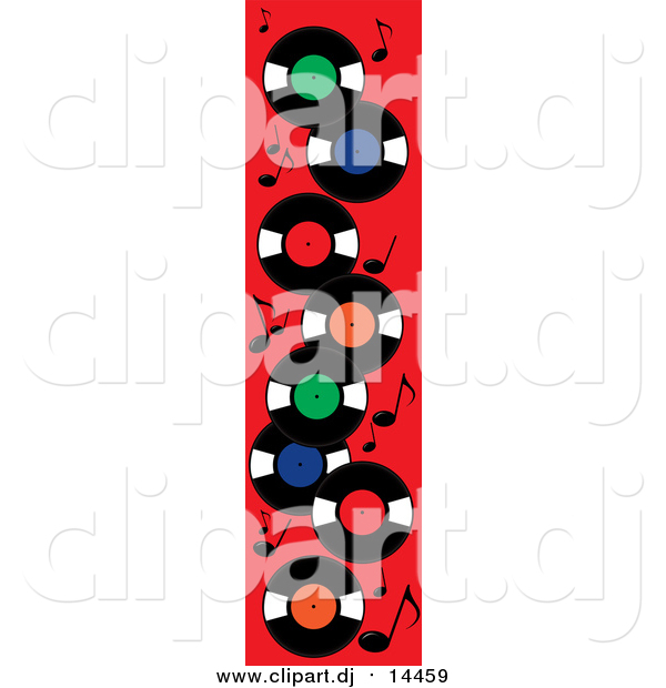 Vector Clipart of Record Albums and Music Notes on Red