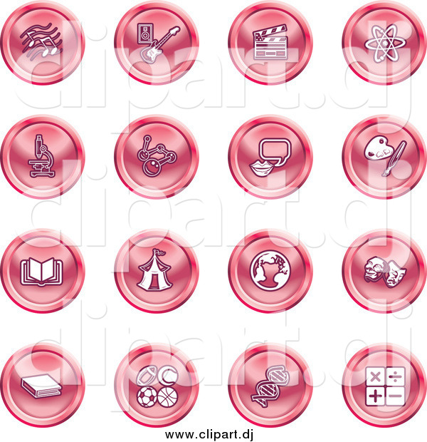 Vector Clipart of Round Pink Icons of Music Notes, Guitar, Clapperboard, Atom, Microscope, Atoms, Messenger, Painting, Book, Circus Tent, Globe, Masks, Sports Balls, and Math