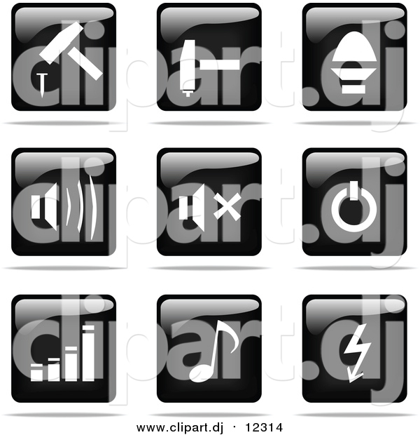 Vector Clipart of Shiny Black and White Square Hammer, Sound, Power, Graph, Music and Arrow Website Button Icons