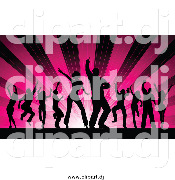 Vector Clipart of Silhouetted Dancers over Pink Shining Rays