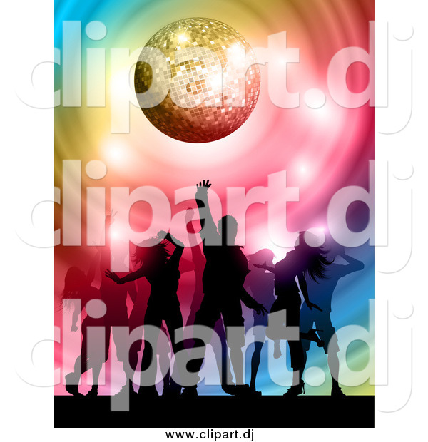 Vector Clipart of Silhouetted Dancers Under a Sparkly Disco Ball with Colorful Swirls
