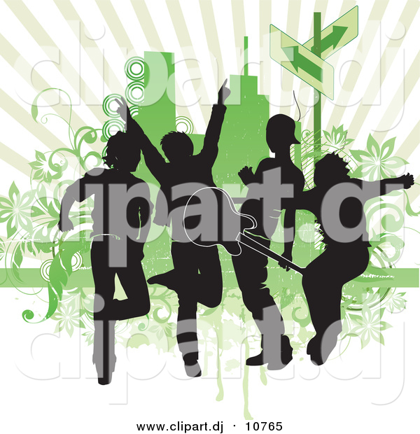 Vector Clipart of Silhouetted Guys in a Band, Rocking out and Playing a Guitar Against a Green Background