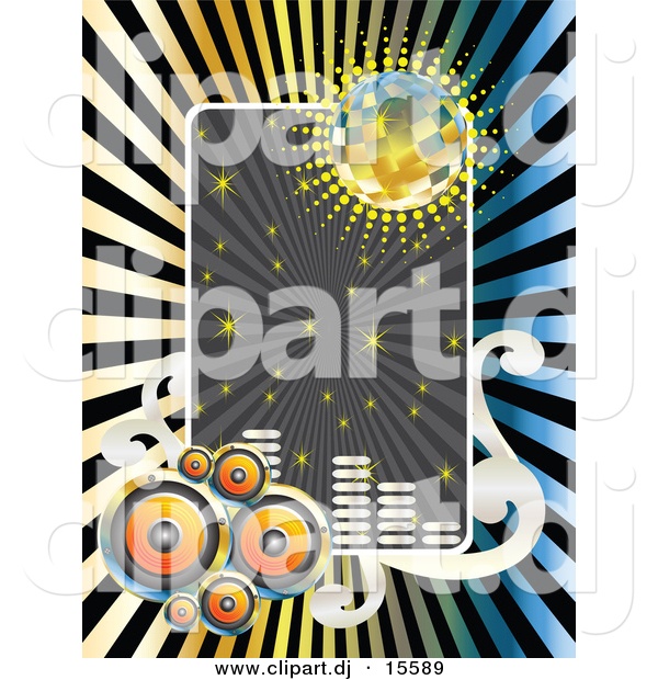 Vector Clipart of Speakers, Disco Ball, Sparkles, and Equalizer Frame over Sun Rays