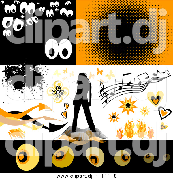 Vector Clipart of Spooky Eyes, Music Notes, Butterflies, Bursts, Hearts, Flames, a Woman and Arrows - Digital Collage with Design Elements, Backgrounds, and Borders