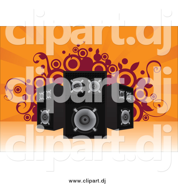 Vector Clipart of Stereo Speakers Pointed in Different Directions over an Orange Background with Vines and Circles