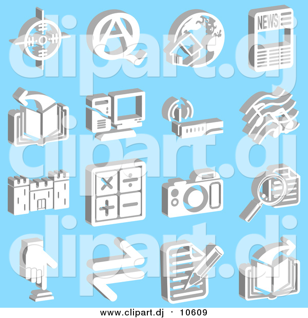 Vector Clipart of Viewfinder, Questions and Answers, Home and Globe, News, Book, Computer, Wireless Router, Music Notes, Castle, Math Symbols, Camera, Magnifying Glass, Button and Letter, over a Blue Background
