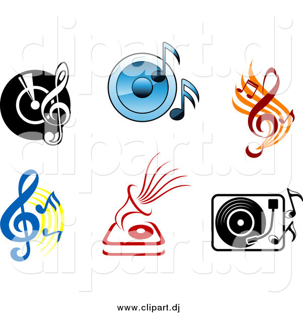 Vector Clipart of Viny Records with Radios, Players, Speakers and Music Notes