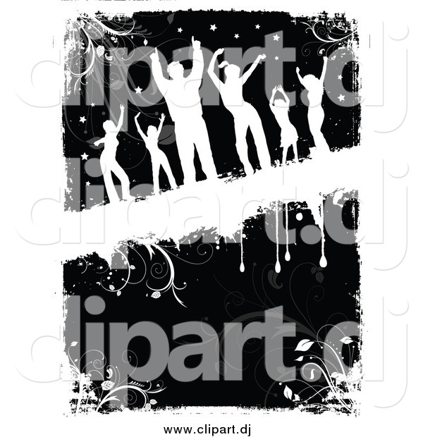 Vector Clipart of White Silhouetted Dancers over Black and White Floral Grunge