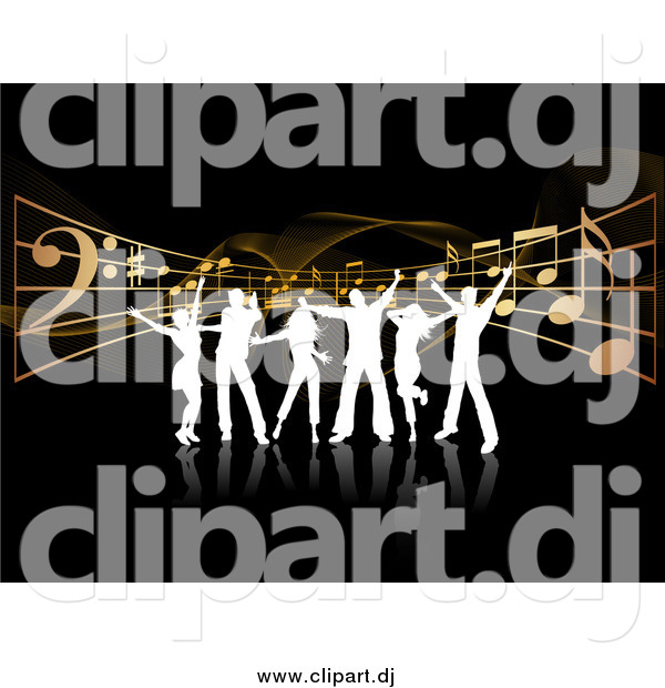 Vector Clipart of White Silhouetted Dancers over Music Notes and Waves on Black