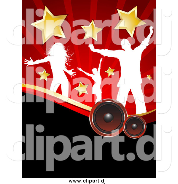 Vector Clipart of White Silhouetted Dancers with Stars, over Speakers and Red Rays